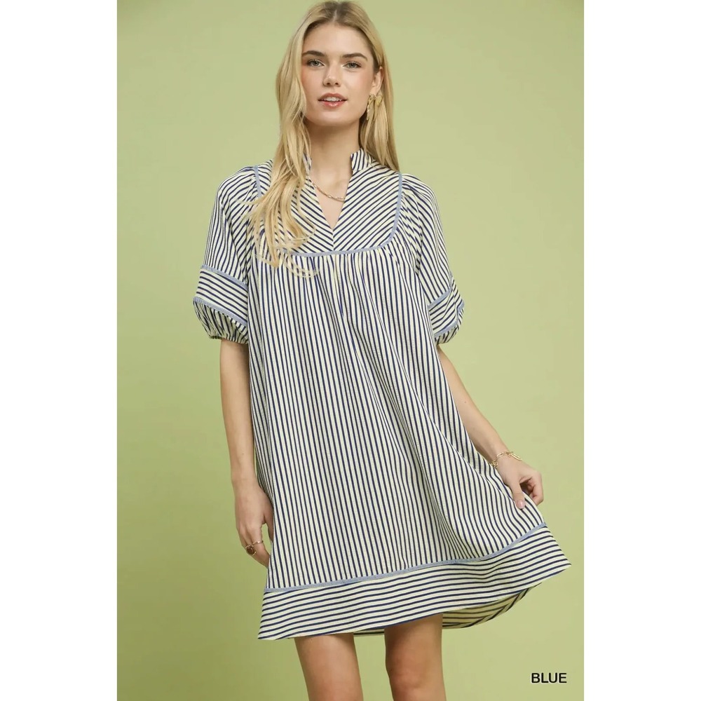Umgee Striped Puff Sleeve Shift Dress - Blue - Large